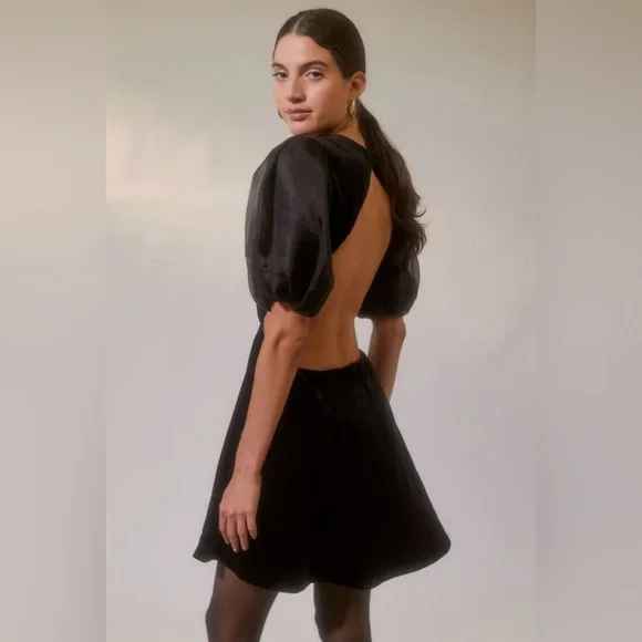 NWT Bardot Black Malina Velour Mini Dress with Cutouts and Puff Sleeves Size 12 - Picture 2 of 15